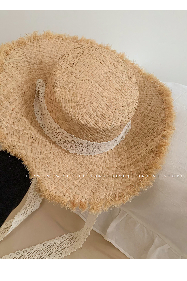 Straw Sun Hat with Lace Trim Wide Brim Beach Hat for women